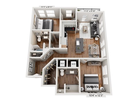 A floor plan of a small apartment with a kitchen, living room, and bathroom.